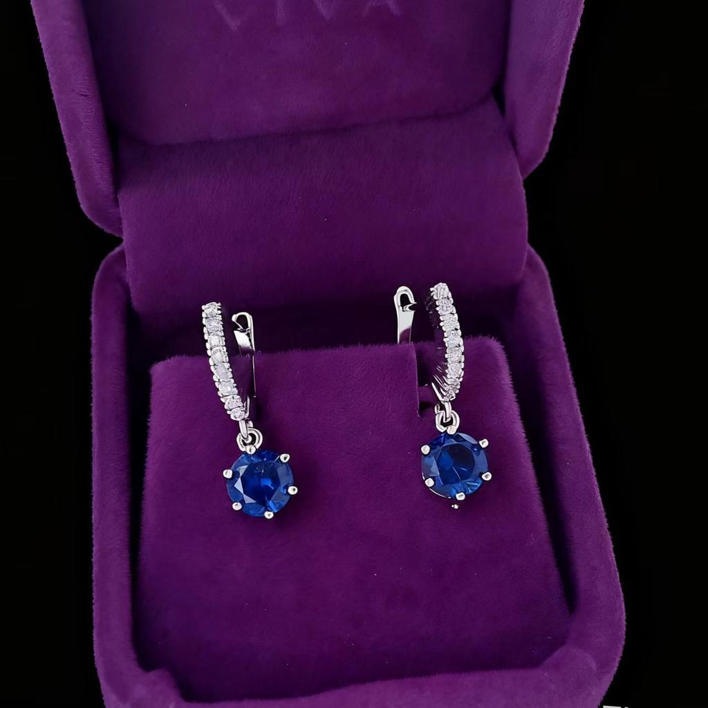 Earrings One-Carat Red Corundum Blue Pointed Crystal Ear Buckle Women'S Micro-Inlaid Six-Claw Fashion Cultivation Colored Treasure Earrings