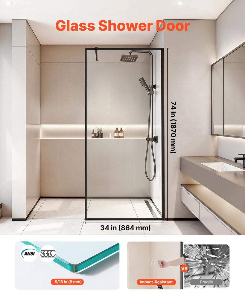Fixed Glass Shower Panel, 864 x 1870 mm Full-Framed Fixed Shower Screen, 8 mm Thick Clear Tempered Glass Door with Bottom Seal Strip and Hardware,