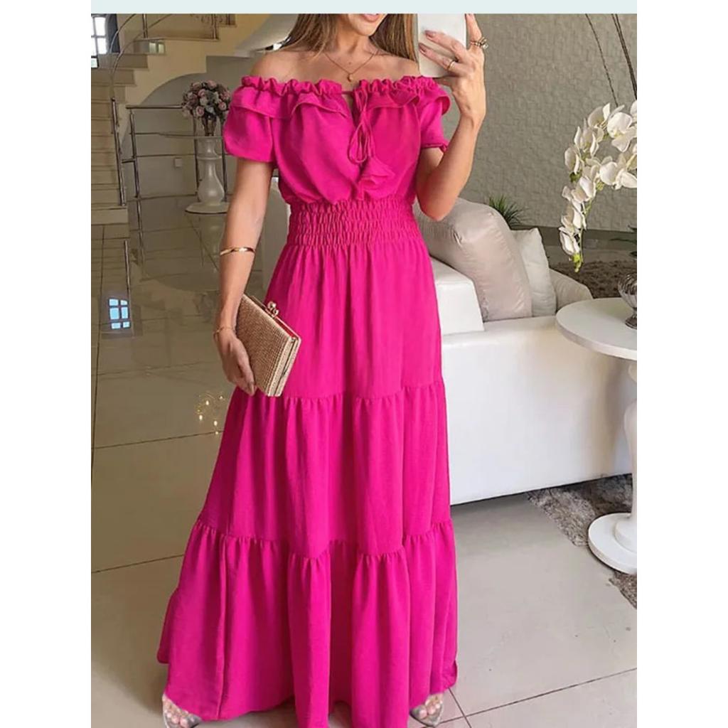 LYRIA Solid Boho Dress Women Fashion Elegant Beach Party Dress Casual Slash Neck Office Maxi Dresses For Woman Robe Femme