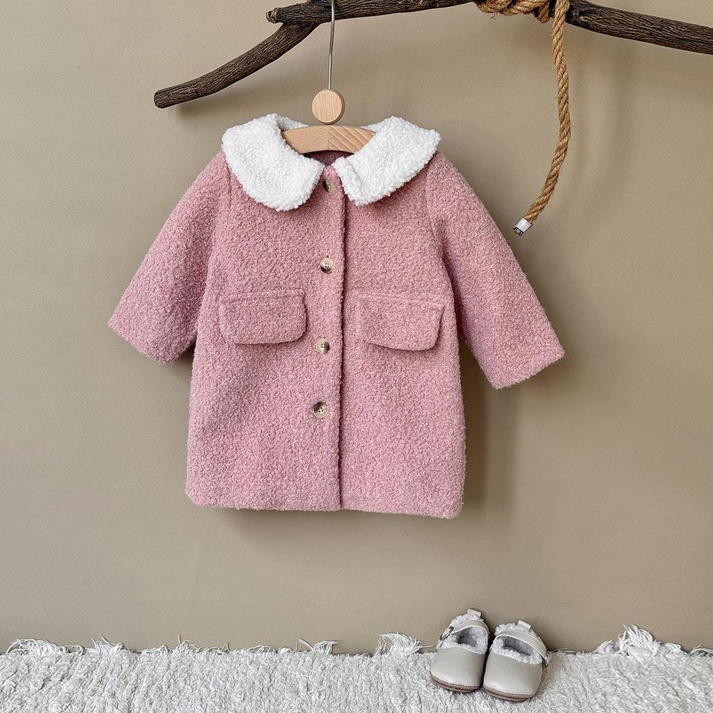 2025 New: Toddler French Chic Pink Wool Coat with White Fur Collar