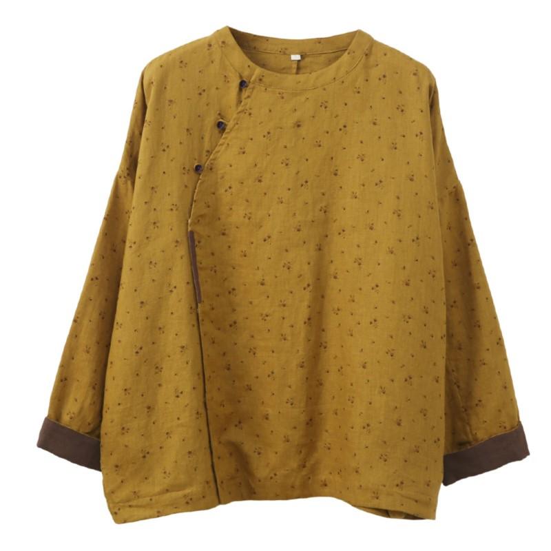 Johnature Women Vintage Shirts Print Floral O-Neck Long Sleeve Blouses Spring Button Chinese Style Shirts