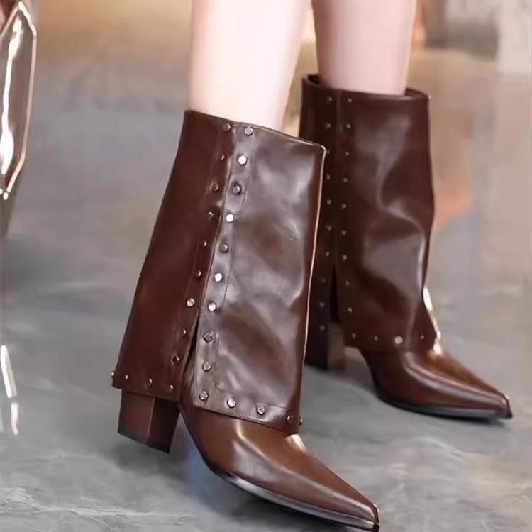 

Pointed high-heeled boots women s autumn and winter new trend riveted trouser tube boots thick heel flanged fashion boots 43 темно-коричневого кольору
