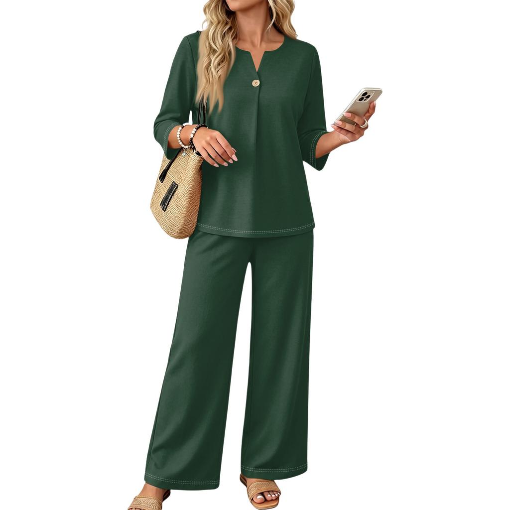 Women's Casual Two-Piece Outfit Set Color 3/4 Sleeve Button Front Top with Wide Leg Pants for Everyday Wear