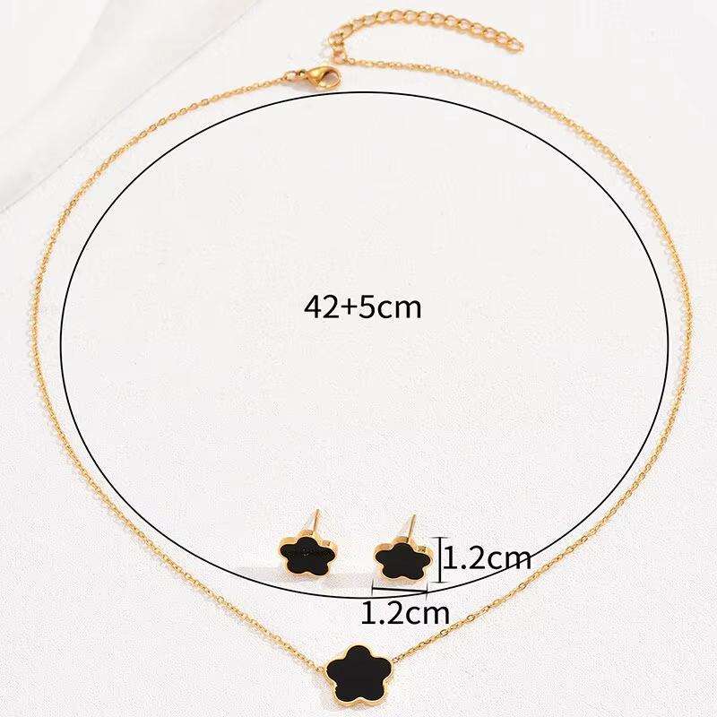 Conjunto de Joyería Minimalista de Trébol de Cuatro Hojas para Mujer Chapado en Oro Esmalte Negro/Blanco Madre Perla Conjunto de Collar y Pendientes