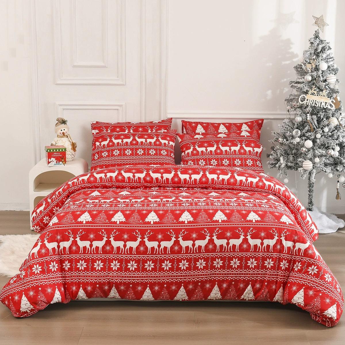 

Comforter 3Pcs Merry Christmas Bedding Set Breathable Red King Queen Twin Single Size Bedroom New Year Christmas Decoration Comforter (quilt)-EU Single(135*200cm)3pcs