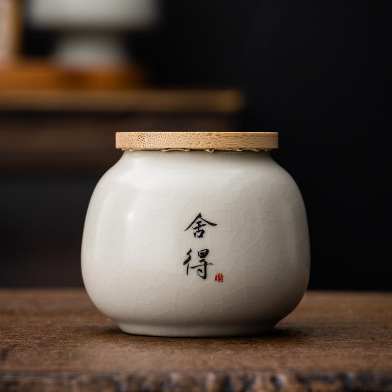 Ru Kiln Calligraphy Tea Canister Ceramic Mini Small Sealed Jar Pu'er Red Green Tea Storage Tea Powder Canister Dried Fruit Moist