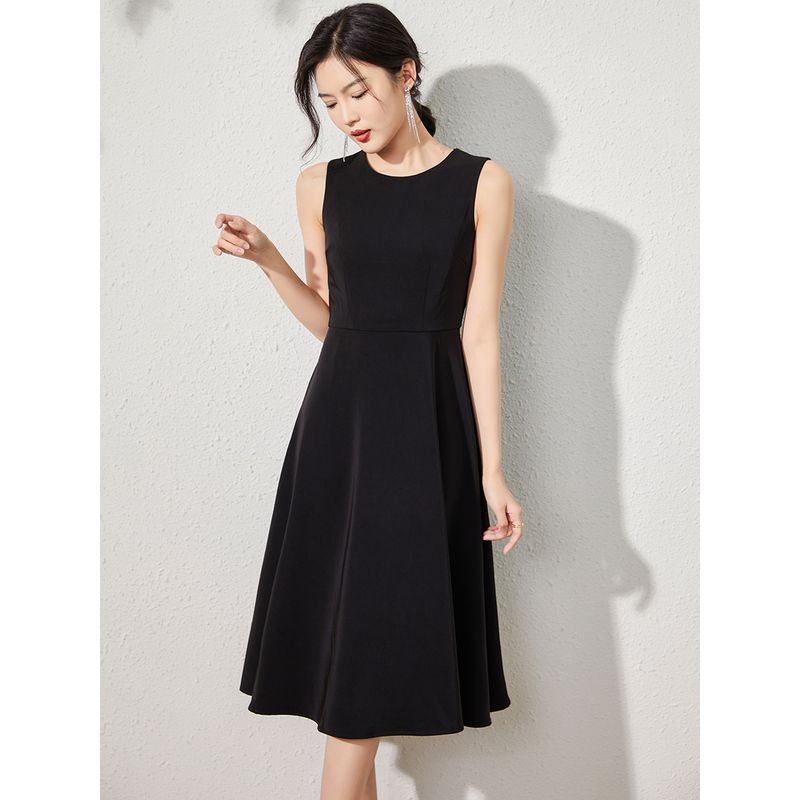 

Black Sleeveless Minimalist Versatile round Neck Summer Dress Black S