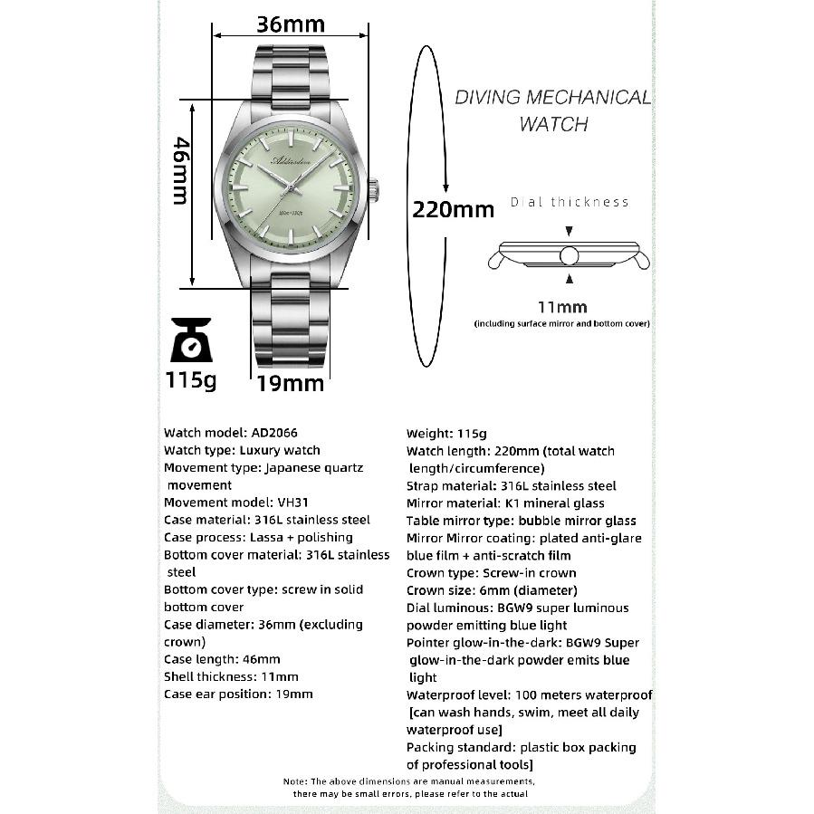ADDIESDIVE Hot Sale AD2066 Quartz Watch Simple Waterproof Wristwatch Bubble Mirror Pot Cover Glass Stainless Steel Men's Watches
