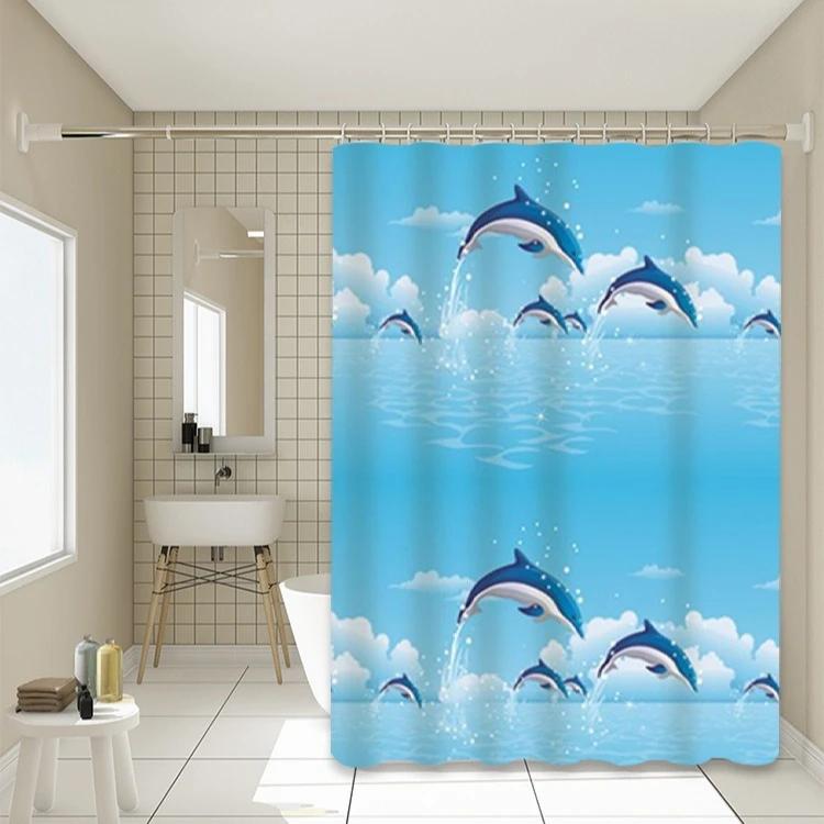 Shower Curtains Cartoon Dolphin Print Waterproof Bathroom Curtain Quick Dry Blue Children Curtain for Toilet with Hooks 111cm
