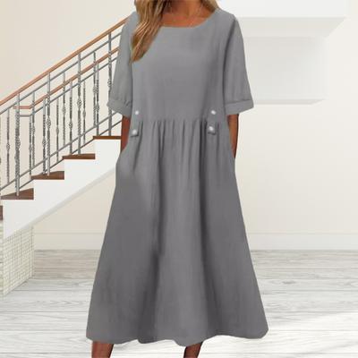 Vestido de verão com bolsos, gola redonda, cintura solta, mangas curtas, comprimento da panturrilha, cor sólida