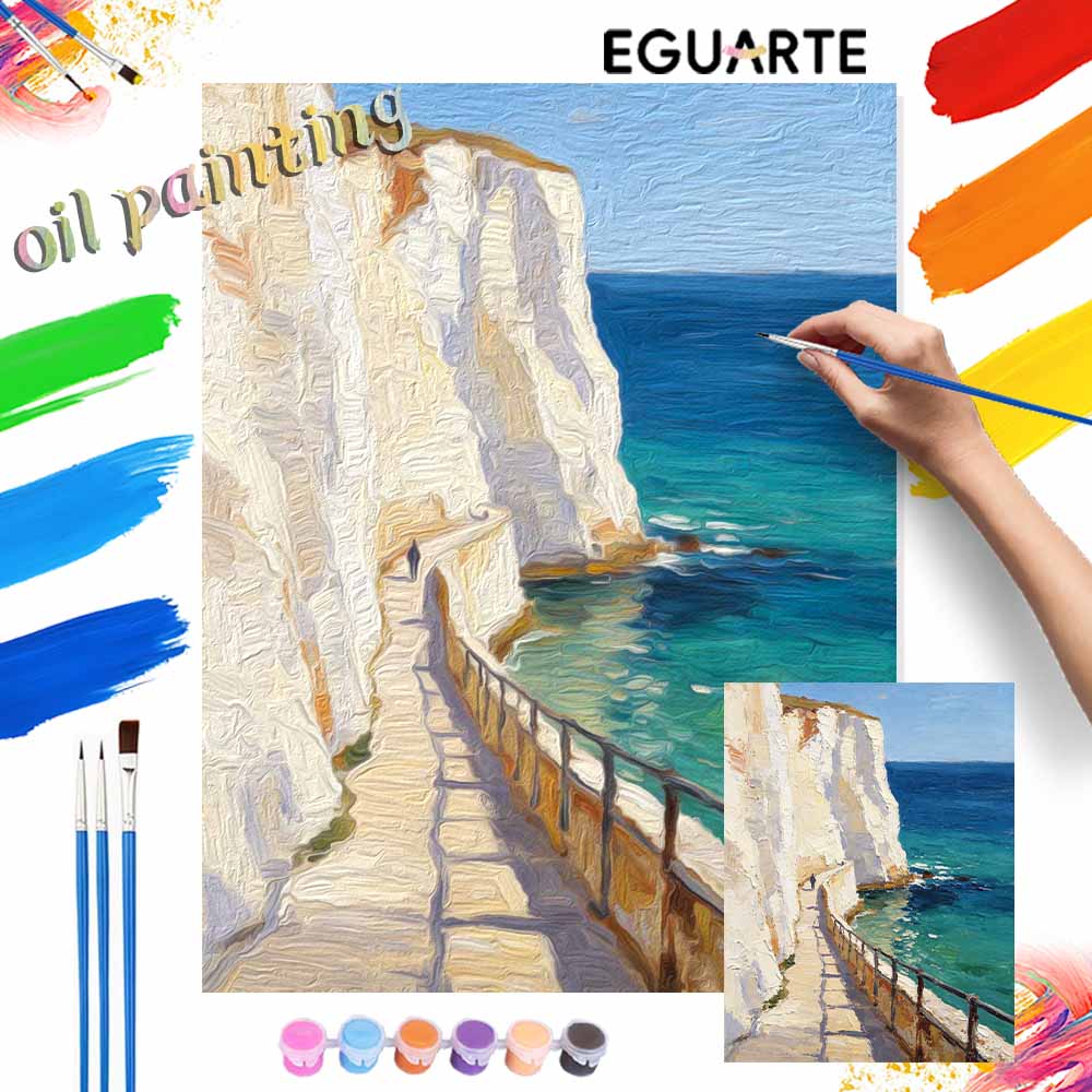 Digital oil painting kits of white coastal cliffs and blue ocean are ideal for professional art purposes and home wall decoration.