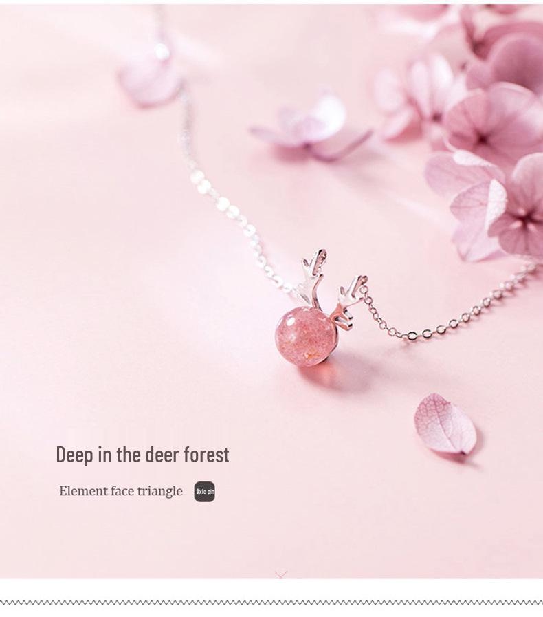 S925 Sterling Silver Antler & Strawberry Crystal Necklace for Women - Fresh, Cute, Simple Clavicle Chain