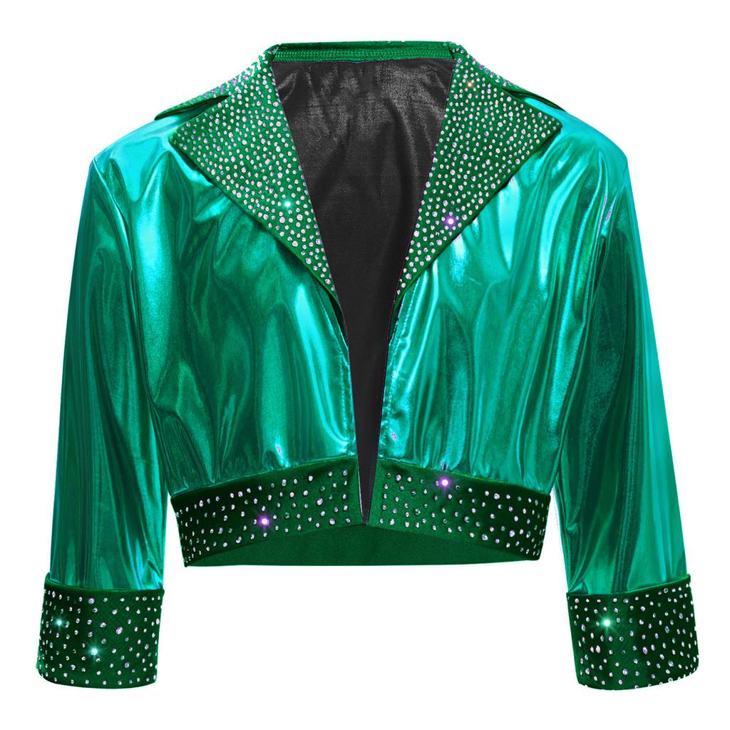Mädchen Reverskragen Langarm Glänzende Strasssteine Metallische Jacke Jazz Dance Oberbekleidung