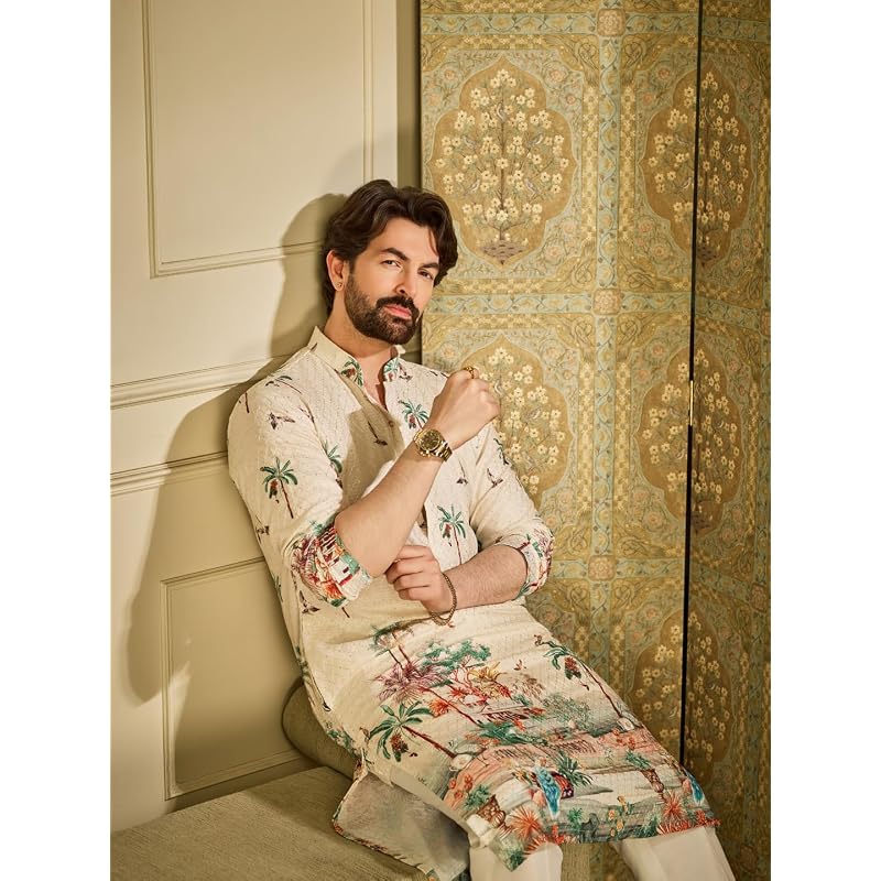 SOJANYA (Dal 1958 Uomo Cotone Lavorazione all'Uncinetto Stampa Daman Lunga Kurta