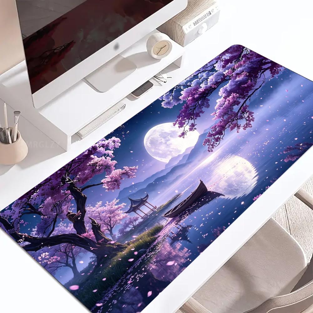 Cherry Blossom Moon Large Size Anti-slip Rubber Mouse Pad Gaming Desk Mat Keyboard Mat For Office Home Computer Stitched Edge