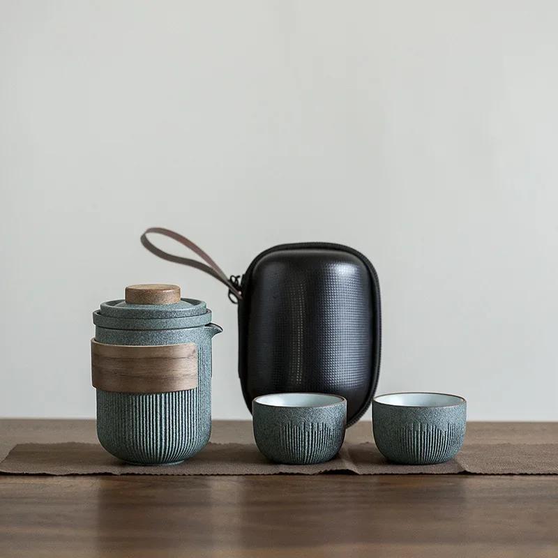 Green Ceramic Teapot for Travel, Portable Tea Set, Drinkware