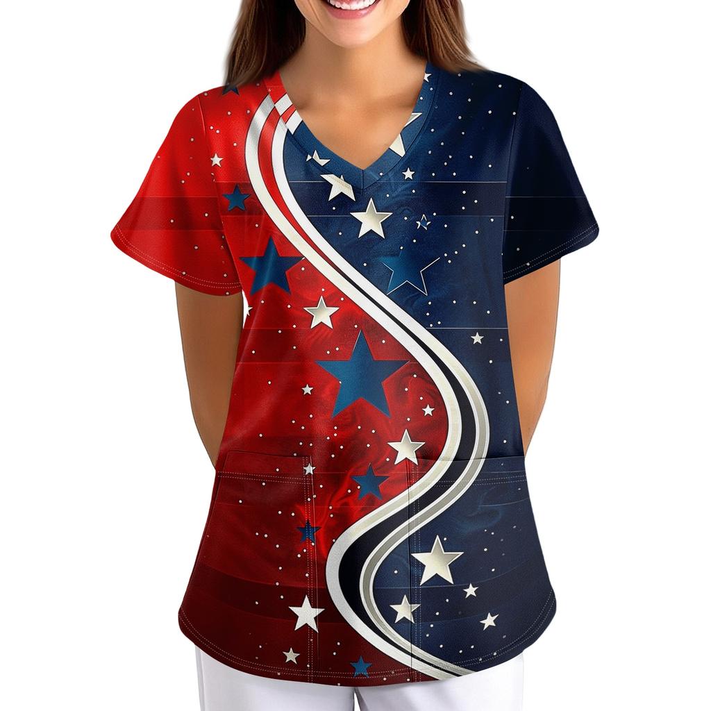 Women's Patriotic Print V-Neck Short Sleeve Scrub Top with Pockets Loose Fit
