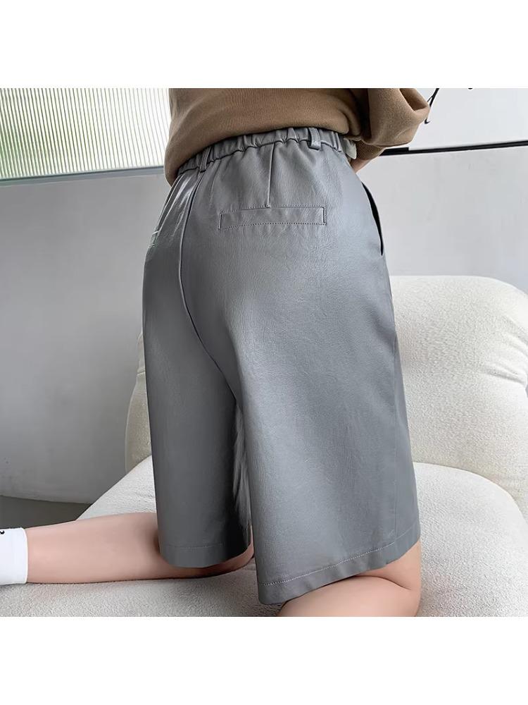 2025 Women's High Waist PU Washed Leather Bootcut Shorts - Mid-Length, Wide Leg, Loose Slimming Fit for Autumn/Winter
