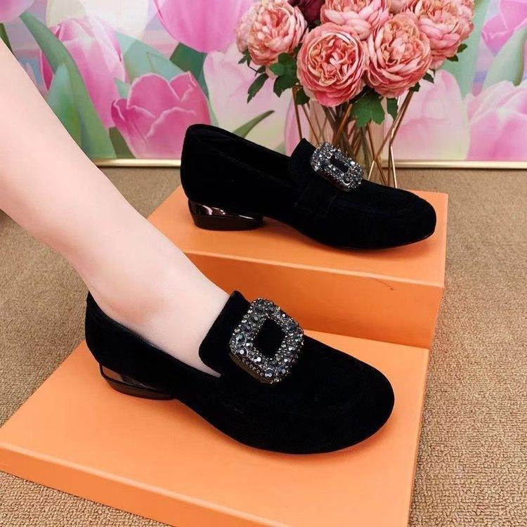 New round head rhinestone thick heel leather shoes spring rhinestone soft sole matte shallow mouth low heel single shoes