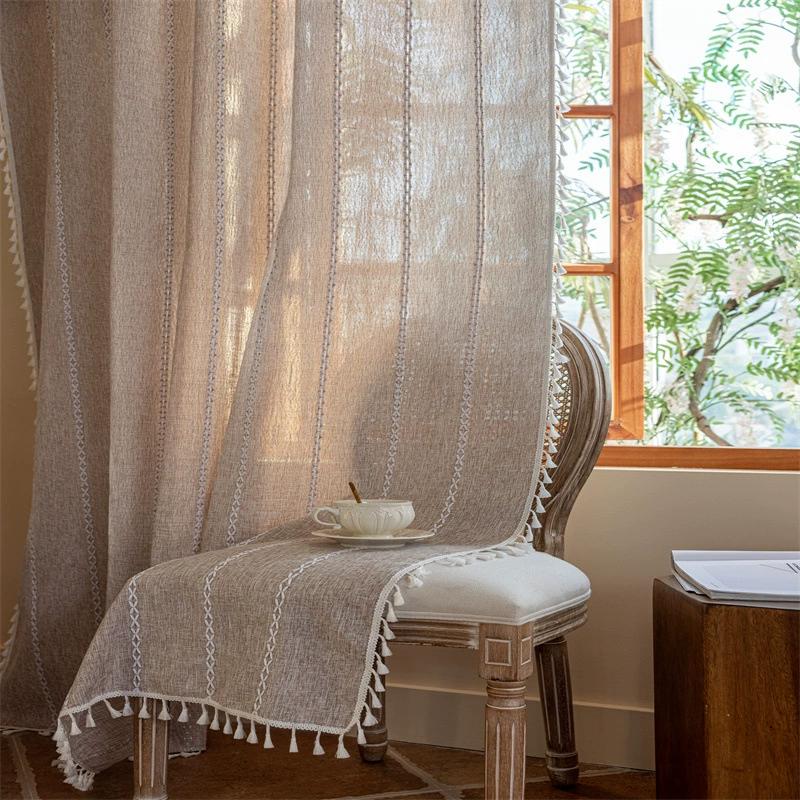 Bohemian Style Khaki Geometric Tassel Curtains Semi Blackout Curtains for Living Room Bedroom Kitchen Home Decoration Curtains