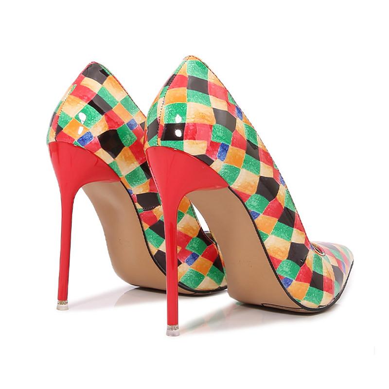 Fashion Fashion Geometry Plaid Printed Patent leather Women Pumps Elegant Pointed toe Stiletto High Heels Spring Autumn Office Lady Shoe