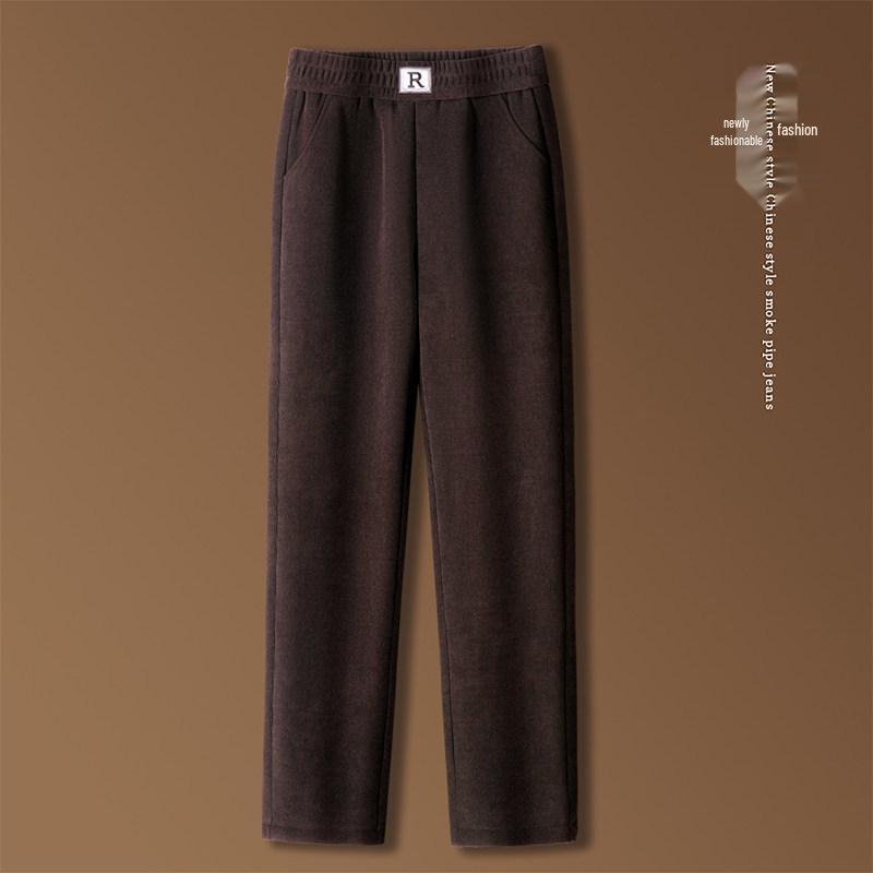 Mom's Fleece-Lined Cotton Pants, Thickened Straight-Leg, Warm Autumn/Winter Trousers for Middle-Aged/Elderly Women.