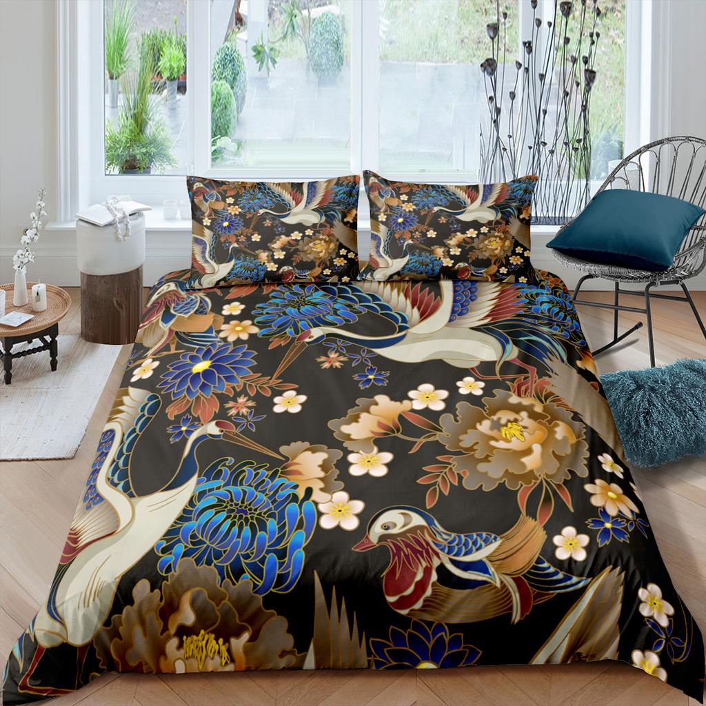 Japanese Crane Duvet Cover King Queen Size Wave Flower Ukiyo-E Style Bedding Set Eastern Culture 2/3Pcs Polyester Quilt Cover