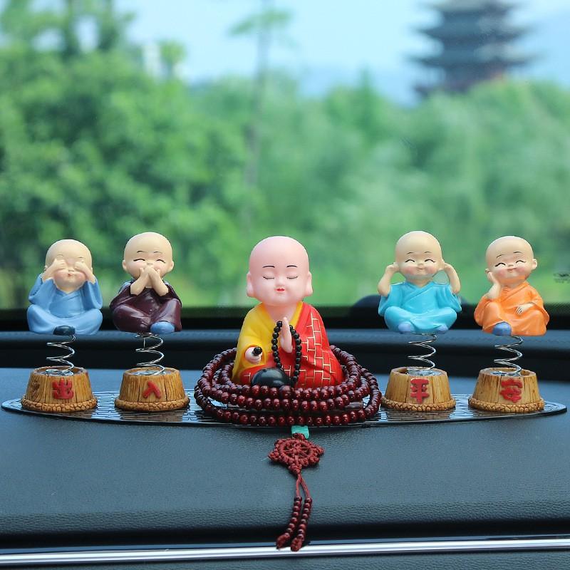 Solar Powered Monk Car Decor Figurine Dashboard - Buddhist Zen Ornament With Wooden Fish Plastic Craft 5 Style Combos