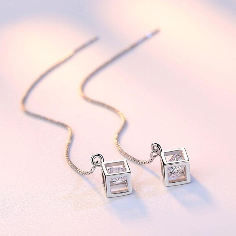 Sleek Minimalist Fashionable For Women Stylish Long Chain Tassel Earrings Korean Style Aaa Cube Pendant Drop Earrings JewelrySimple Chain