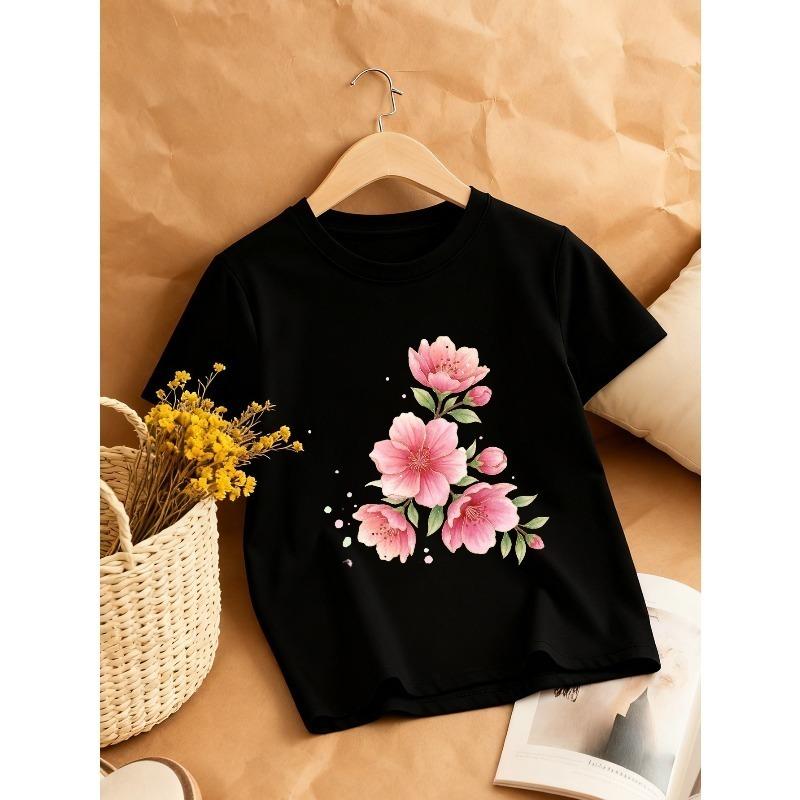 European sizes Girl's Round Neck T-Shirt with Fresh Pink Floral Pattern, Comfortable Casual Style, an Excellent Choice for a Natural Look