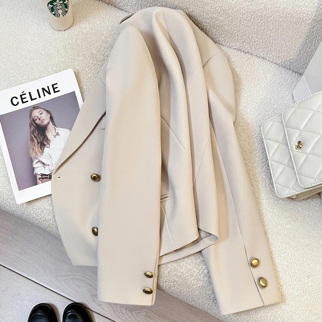Women's Retro Beige Blazer: 2025 Spring/Autumn British Style High-End Streetwear Suit Jacket