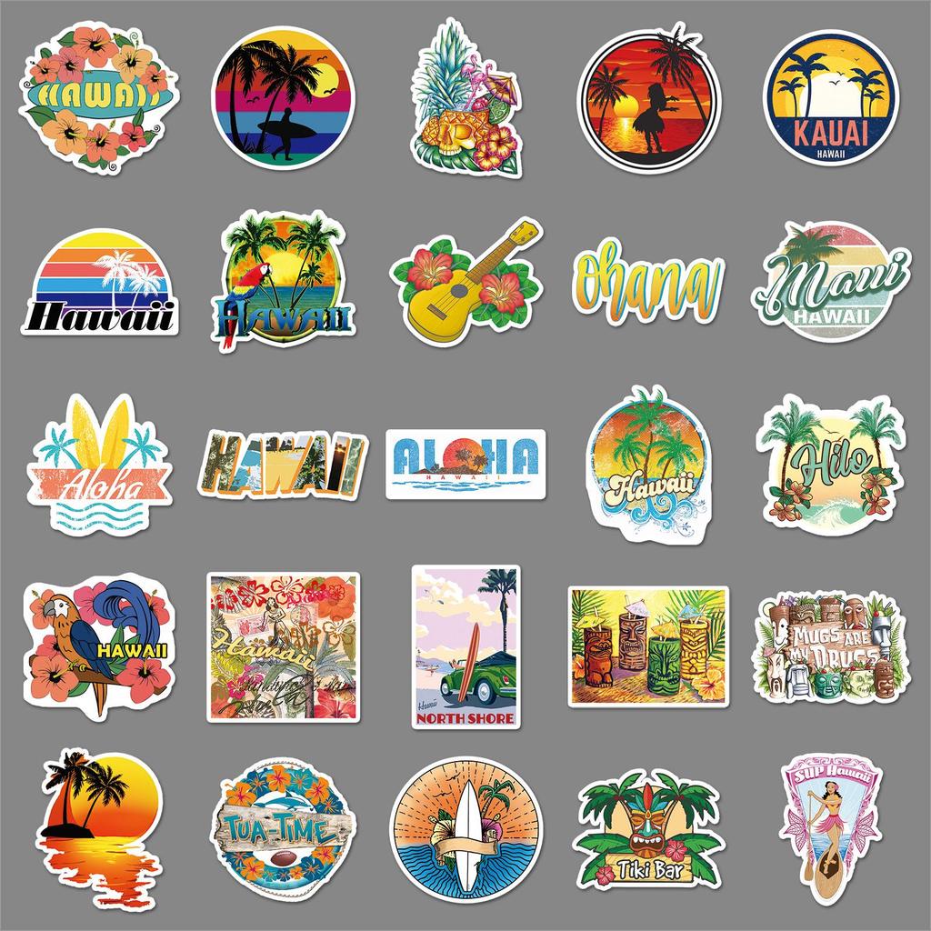 Hawaiian Graffiti Beach Style Stickers (50 Sheets) for Water Cups & Skateboards