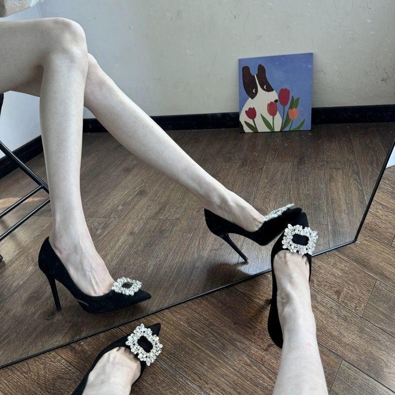 Black 2025 Rhinestone Square Buckle High Heels New French Versatile Suede Shallow Mouth Pointed Temperament Women's Shoes Single Shoes Women