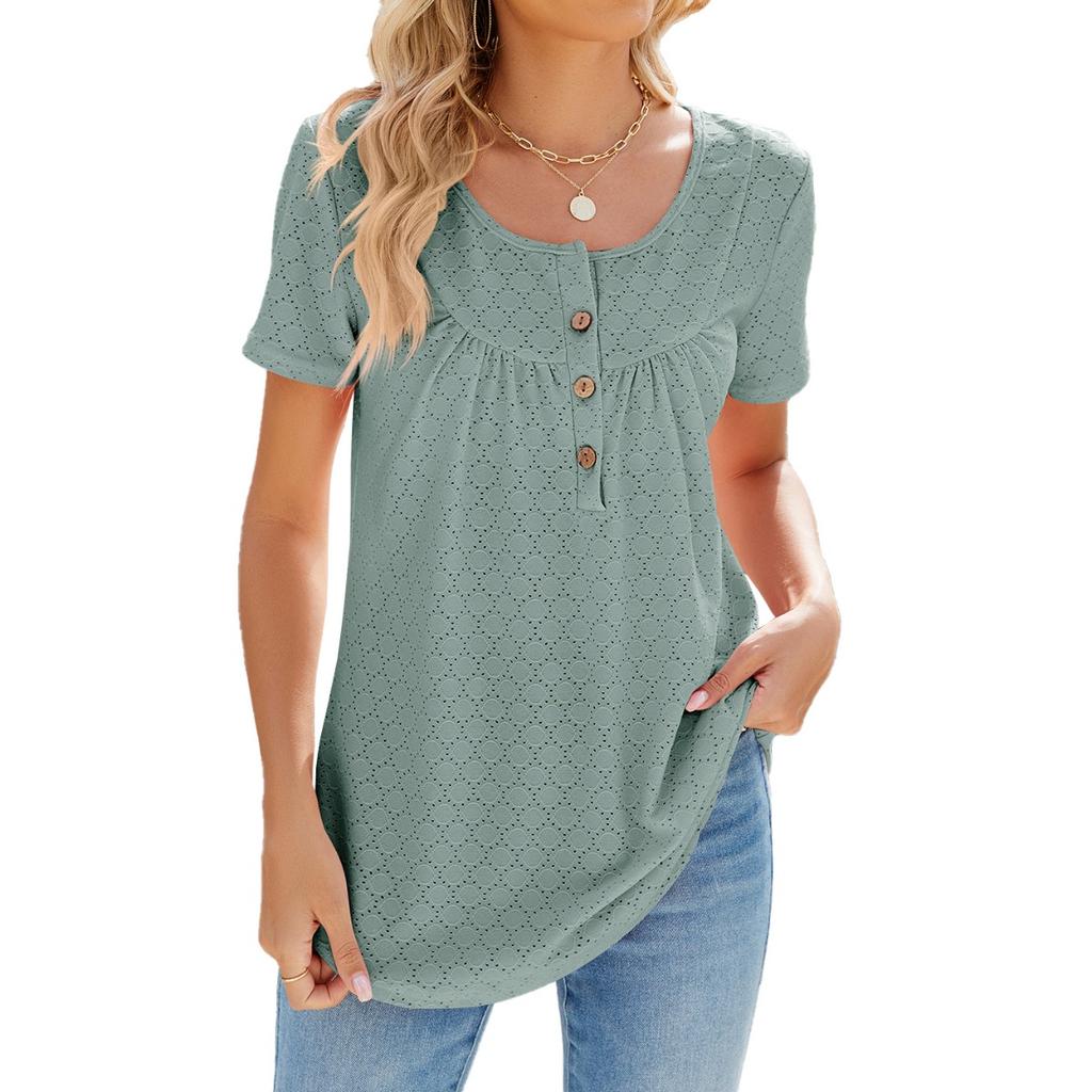 Summer New Solid Color Crew Neck Buttoned Loose Short Sleeve T-Shirt for European and American Cross-border Trade Amazon Independent Station
