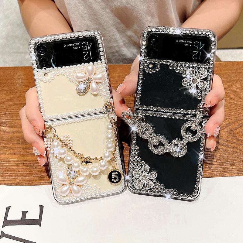 Strass-Perlen-Blumen-Handyhülle für Samsung Zflip6 Klapp-Faltbildschirm Handkette