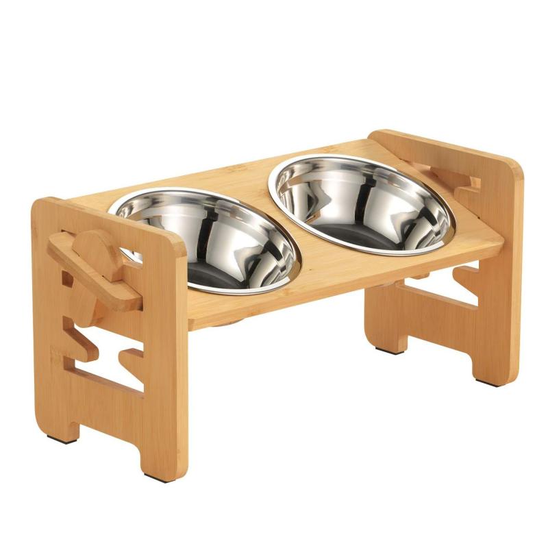 Bamboo And Wood Adjustable Cat And Dog Feeding Rack Cat Bowl Feeder Pet Bowl Stainless Steel Meal Rack