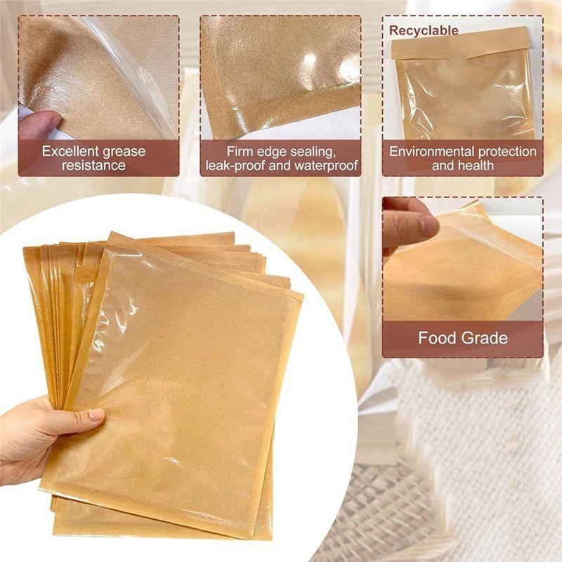 VOFUN-100Pcs Heat Seal Bakery Bags, Grease Proof Kraft Paper Biscuit Packaging Cake Bags For Packaging Donut Dough Baked Goods