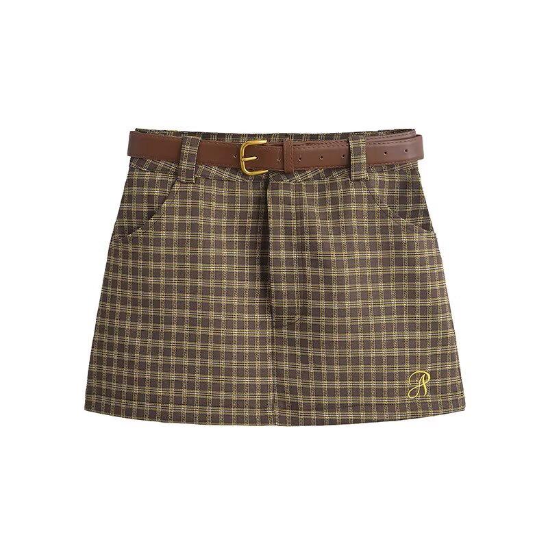 Korean Retro Plaid Short Skirt with Letter Embroidery - Women's Slimming A-line Style