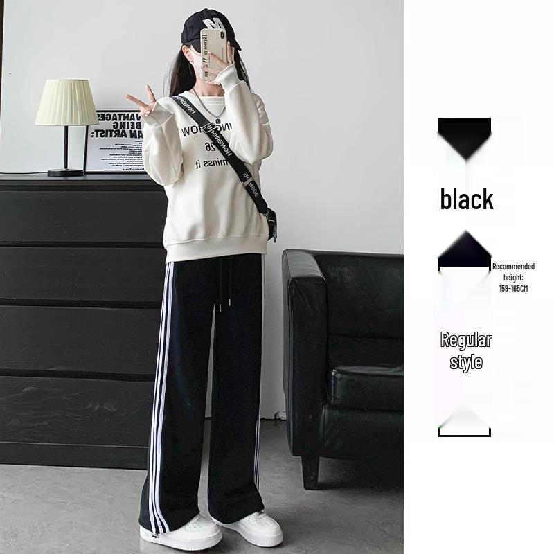 High-End Petite Women's Black Striped Velvet Sweatpants - Autumn/Winter Casual Wide-Leg Style
