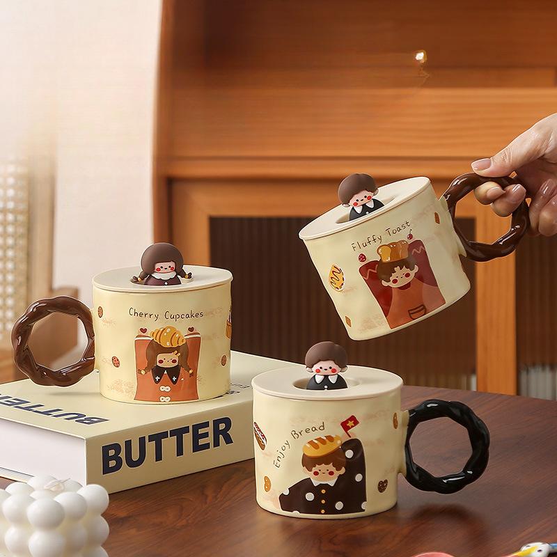 Retro Girl Ceramic Mug with Lid High looking Couple Water Cup Couple Home Breakfast Coffee Cup Boy