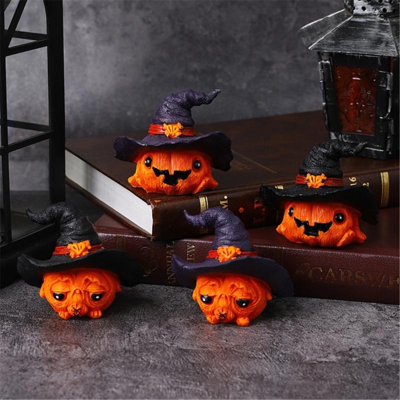 Resins Witch Hat Pumpkin Miniature Figurine Halloween Home Office Tabletop Decors Festives Shelf Display Ornament Gift