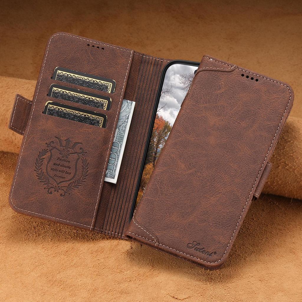 iPhone 17 Pro/Samsung Magnetic Leather Flip Case with Wireless Charging, Card Slot, and Stand