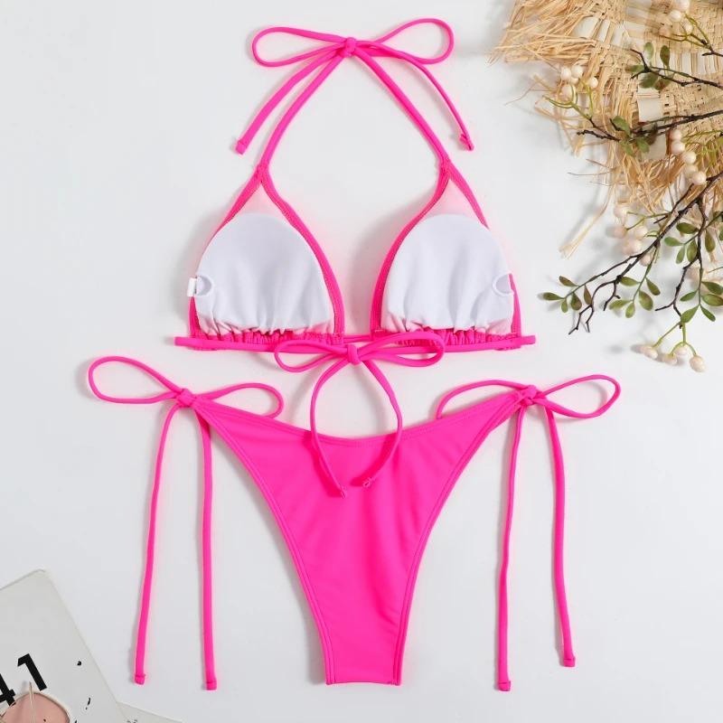 Sexig Kvinnor Thong Enfärgad Bikini Set Sido Halter Knytband Baddräkt Dam Split Strap Justerbar Brasiliansk Badkläder Strandkläder