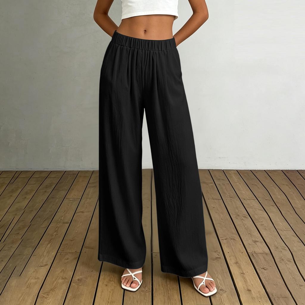 Damen High Waist Wide Leg Hose mit elastischem Bund Lockerer Schnitt Leichter fließender Stoff mit Taschen für Freizeitkleidung