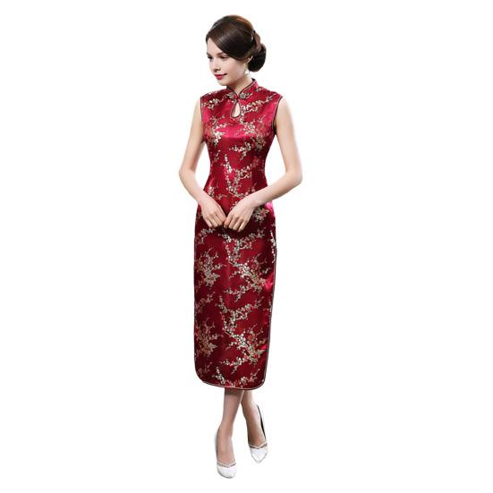 Ženy Léto Cheongsam Stojánek Límec Květinový potisk Dutý Rozdělený lem Bez rukávů Qipao Slim Fit Retro Čínský styl Délka do půli lýtek Svatba