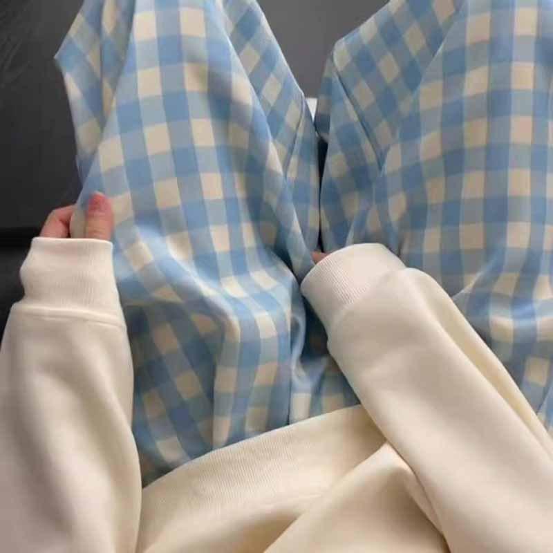 Petite Blue & White Checkered High Waist Summer Pants - Women's Casual Straight Leg Stroll Style