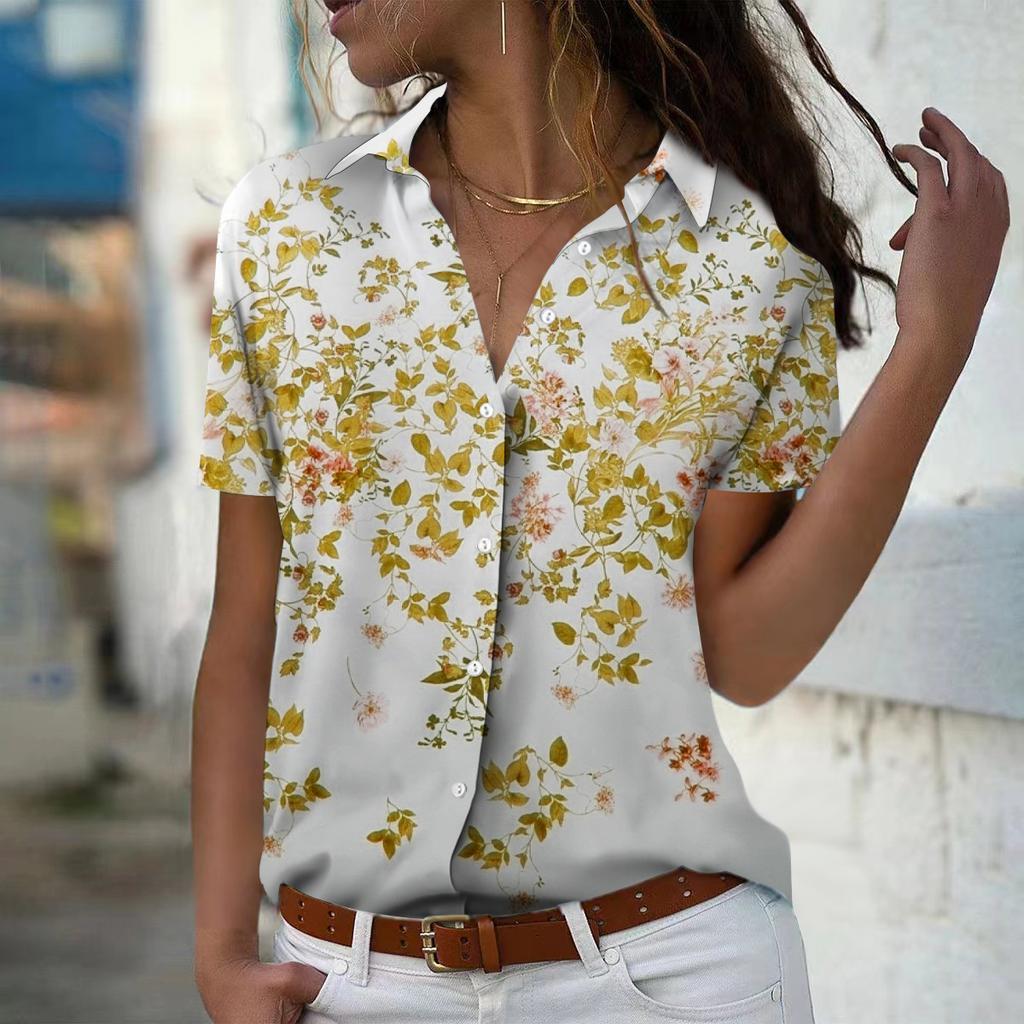 Damen Kurzarmhemd Vintage Blumenprint Damen Blusen Oberteile
