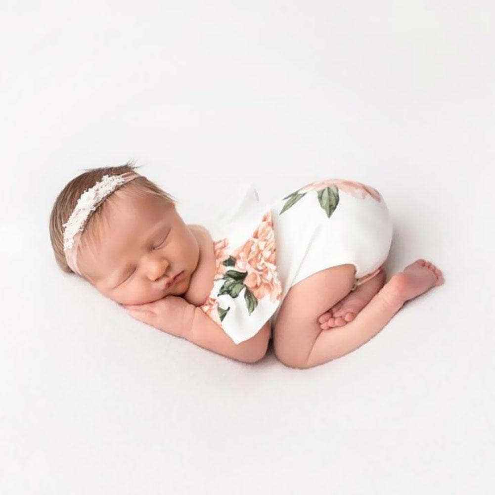 Lovely Newborn Photography Props Baby Girl Flower Print Rompers Lotus Decor