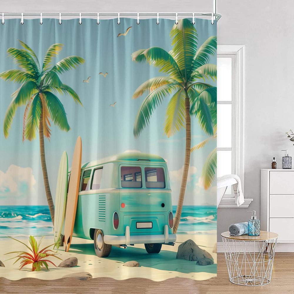 Camping Surf Duschvorhänge Sommerurlaub Reisender Wohnmobil Strand Kokospalmen Meerufer Badezimmerdekorationen Retro Badevorhänge