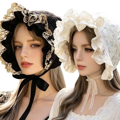 Ruffled Brim Bonnet Hat with Lace Edge and Chin Ties, 55-60 Cm Decorative Headwear for Gatherings and Portraits